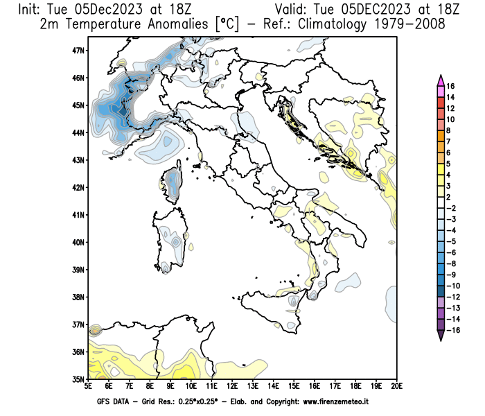 GFS analysi map - Temperature Anomalies at 2 m in Italy
									on December 5, 2023 H18