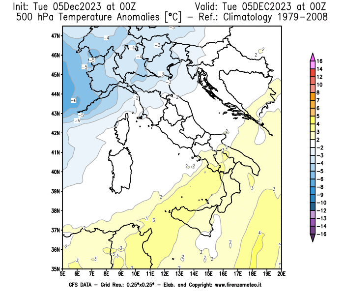 GFS analysi map - Temperature Anomalies at 500 hPa in Italy
									on December 5, 2023 H00