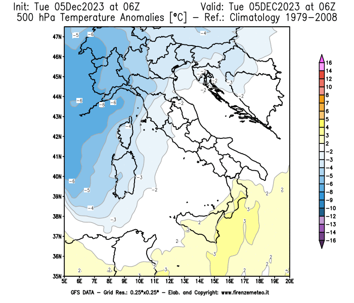 GFS analysi map - Temperature Anomalies at 500 hPa in Italy
									on December 5, 2023 H06