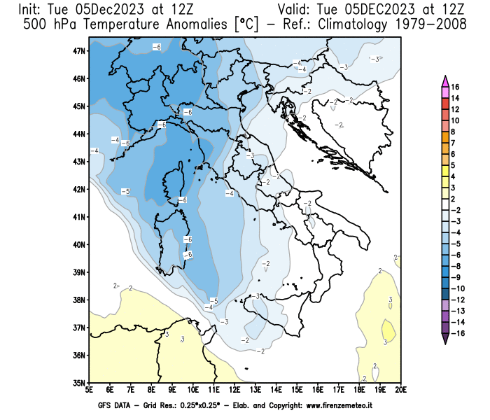 GFS analysi map - Temperature Anomalies at 500 hPa in Italy
									on December 5, 2023 H12