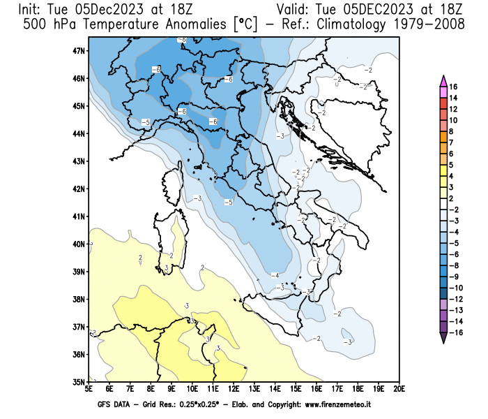 GFS analysi map - Temperature Anomalies at 500 hPa in Italy
									on December 5, 2023 H18