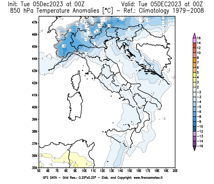 GFS analysi map - Temperature Anomalies at 850 hPa in Italy
									on December 5, 2023 H00