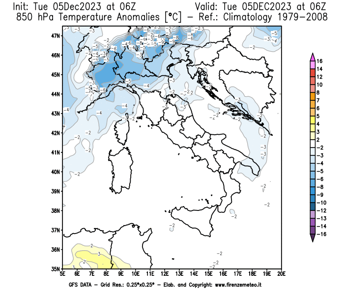 GFS analysi map - Temperature Anomalies at 850 hPa in Italy
									on December 5, 2023 H06
