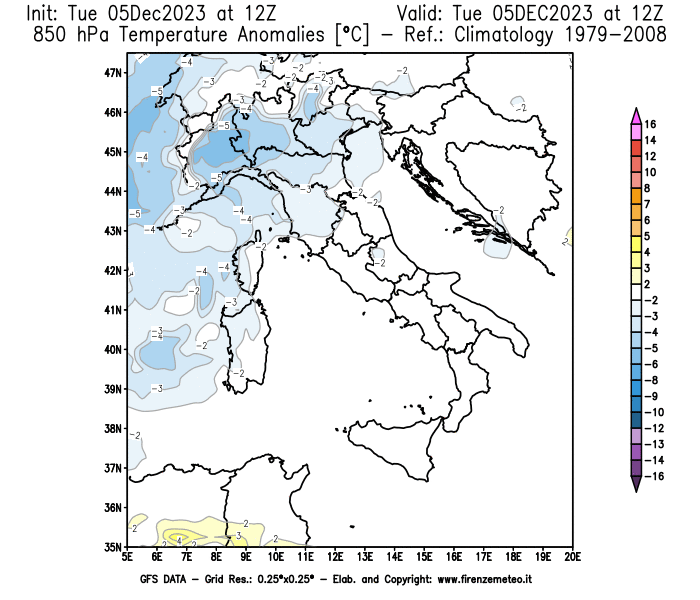 GFS analysi map - Temperature Anomalies at 850 hPa in Italy
									on December 5, 2023 H12