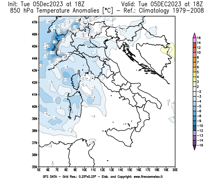 GFS analysi map - Temperature Anomalies at 850 hPa in Italy
									on December 5, 2023 H18