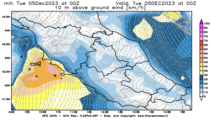 GFS analysi map - Wind Speed at 10 m above ground in Central Italy
									on December 5, 2023 H00