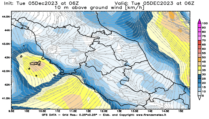 GFS analysi map - Wind Speed at 10 m above ground in Central Italy
									on December 5, 2023 H06