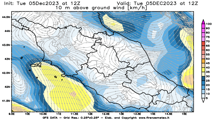 GFS analysi map - Wind Speed at 10 m above ground in Central Italy
									on December 5, 2023 H12