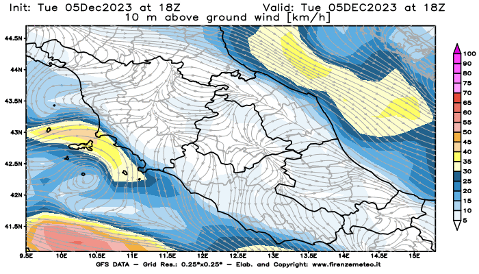 GFS analysi map - Wind Speed at 10 m above ground in Central Italy
									on December 5, 2023 H18
