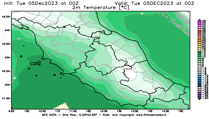 GFS analysi map - Temperature at 2 m above ground in Central Italy
									on December 5, 2023 H00