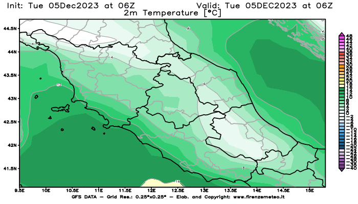 GFS analysi map - Temperature at 2 m above ground in Central Italy
									on December 5, 2023 H06