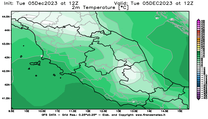 GFS analysi map - Temperature at 2 m above ground in Central Italy
									on December 5, 2023 H12