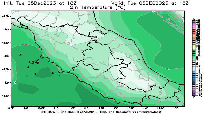 GFS analysi map - Temperature at 2 m above ground in Central Italy
									on December 5, 2023 H18