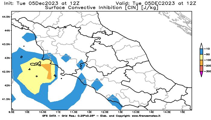 GFS analysi map - CIN in Central Italy
									on December 5, 2023 H12
