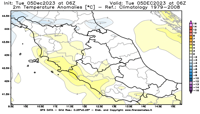 GFS analysi map - Temperature Anomalies at 2 m in Central Italy
									on December 5, 2023 H06
