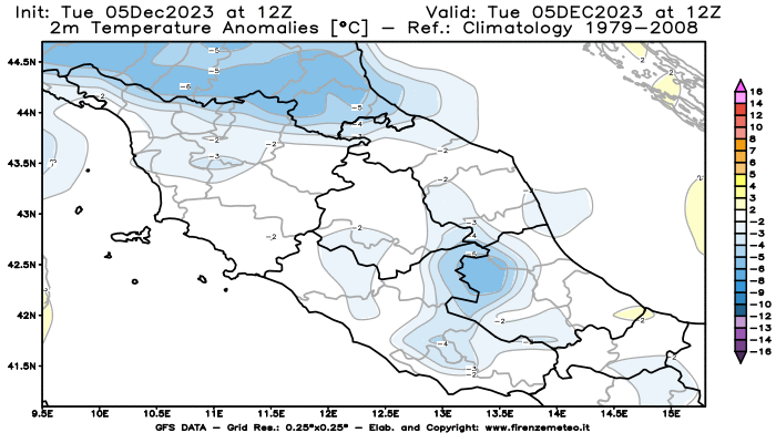 GFS analysi map - Temperature Anomalies at 2 m in Central Italy
									on December 5, 2023 H12