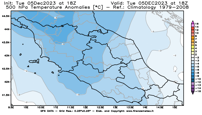 GFS analysi map - Temperature Anomalies at 500 hPa in Central Italy
									on December 5, 2023 H18