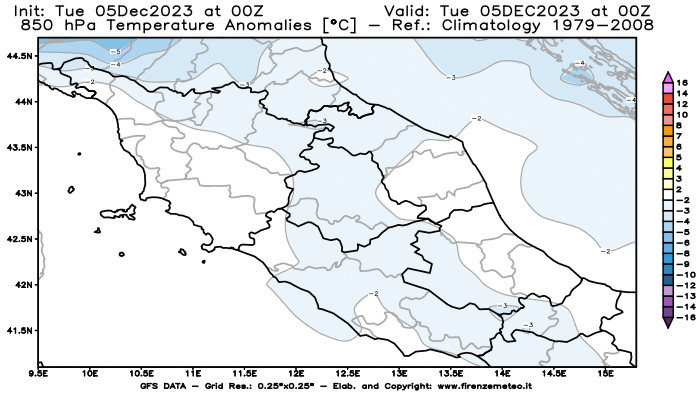 GFS analysi map - Temperature Anomalies at 850 hPa in Central Italy
									on December 5, 2023 H00