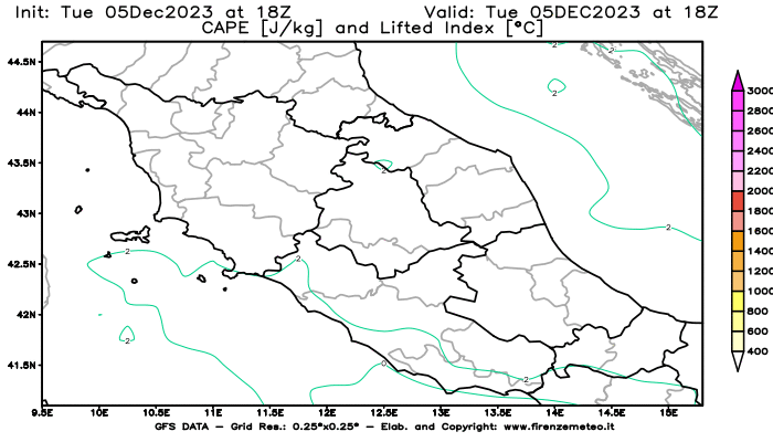 GFS analysi map - CAPE and Lifted Index in Central Italy
									on December 5, 2023 H18