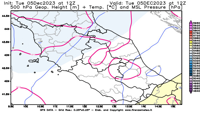 GFS analysi map - Geopotential + Temp. at 500 hPa + Sea Level Pressure in Central Italy
									on December 5, 2023 H12