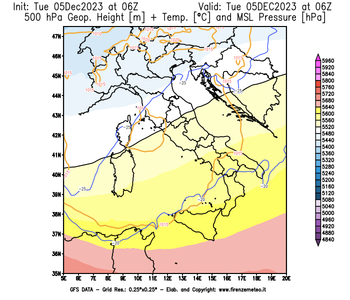 GFS analysi map - Geopotential + Temp. at 500 hPa + Sea Level Pressure in Italy
									on December 5, 2023 H06