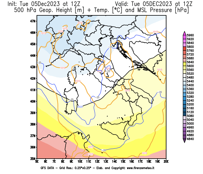 GFS analysi map - Geopotential + Temp. at 500 hPa + Sea Level Pressure in Italy
									on December 5, 2023 H12