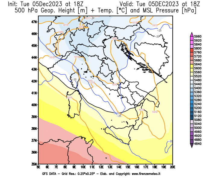 GFS analysi map - Geopotential + Temp. at 500 hPa + Sea Level Pressure in Italy
									on December 5, 2023 H18