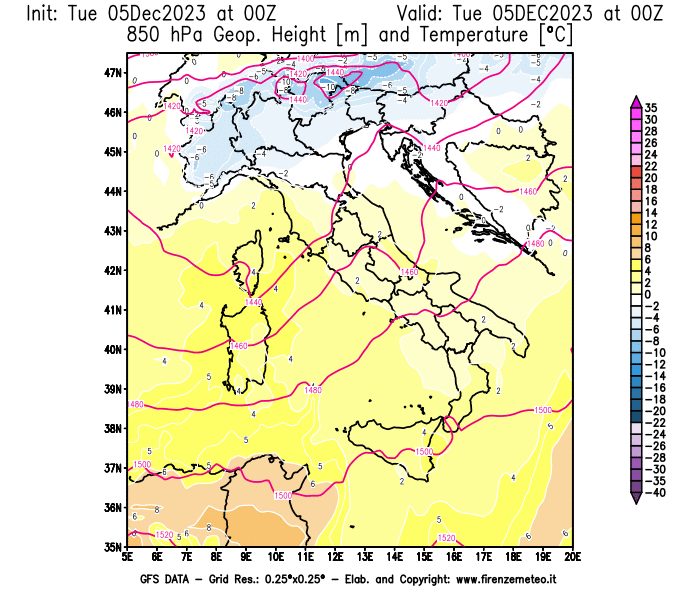 GFS analysi map - Geopotential and Temperature at 850 hPa in Italy
									on December 5, 2023 H00