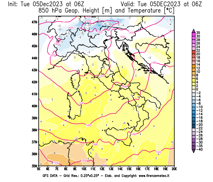 GFS analysi map - Geopotential and Temperature at 850 hPa in Italy
									on December 5, 2023 H06