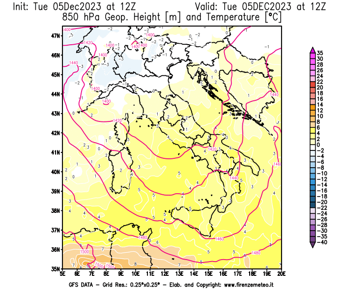 GFS analysi map - Geopotential and Temperature at 850 hPa in Italy
									on December 5, 2023 H12