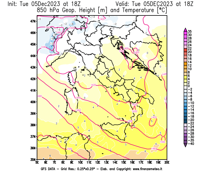 GFS analysi map - Geopotential and Temperature at 850 hPa in Italy
									on December 5, 2023 H18