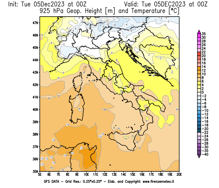 GFS analysi map - Geopotential and Temperature at 925 hPa in Italy
									on December 5, 2023 H00