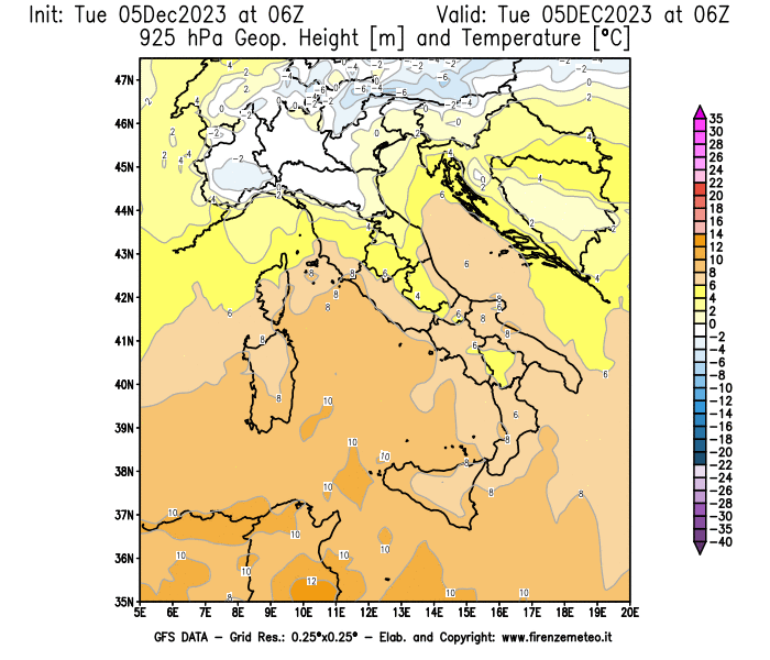 GFS analysi map - Geopotential and Temperature at 925 hPa in Italy
									on December 5, 2023 H06