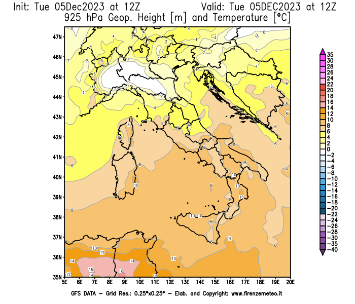 GFS analysi map - Geopotential and Temperature at 925 hPa in Italy
									on December 5, 2023 H12