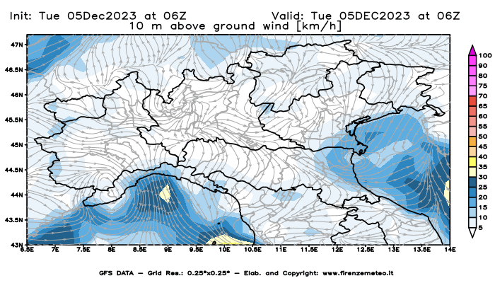 GFS analysi map - Wind Speed at 10 m above ground in Northern Italy
									on December 5, 2023 H06