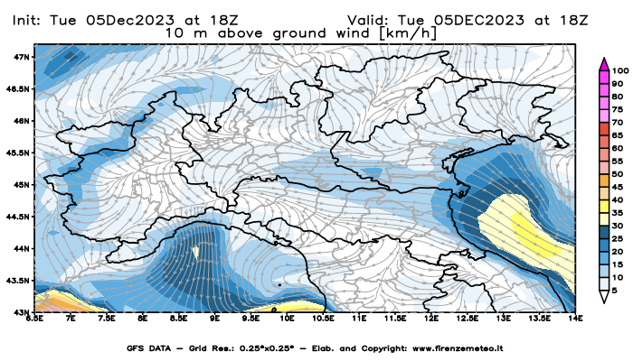 GFS analysi map - Wind Speed at 10 m above ground in Northern Italy
									on December 5, 2023 H18