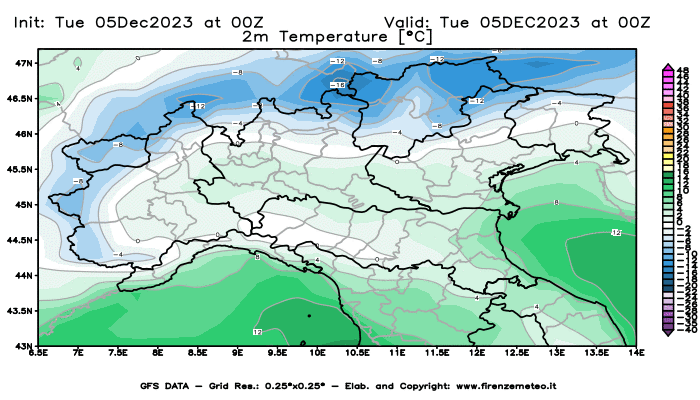 GFS analysi map - Temperature at 2 m above ground in Northern Italy
									on December 5, 2023 H00