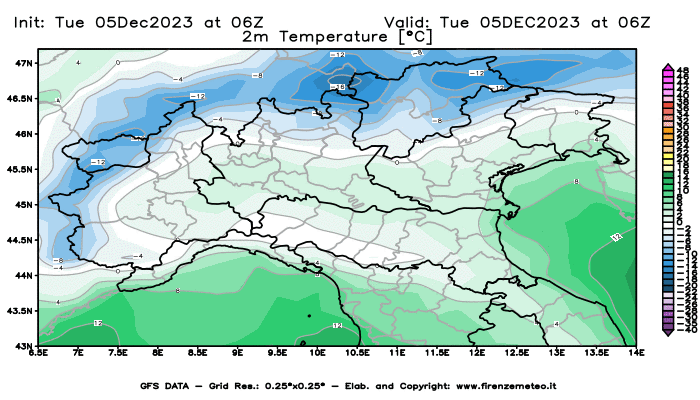 GFS analysi map - Temperature at 2 m above ground in Northern Italy
									on December 5, 2023 H06