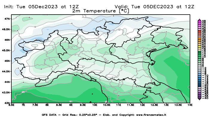 GFS analysi map - Temperature at 2 m above ground in Northern Italy
									on December 5, 2023 H12