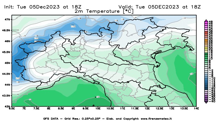 GFS analysi map - Temperature at 2 m above ground in Northern Italy
									on December 5, 2023 H18