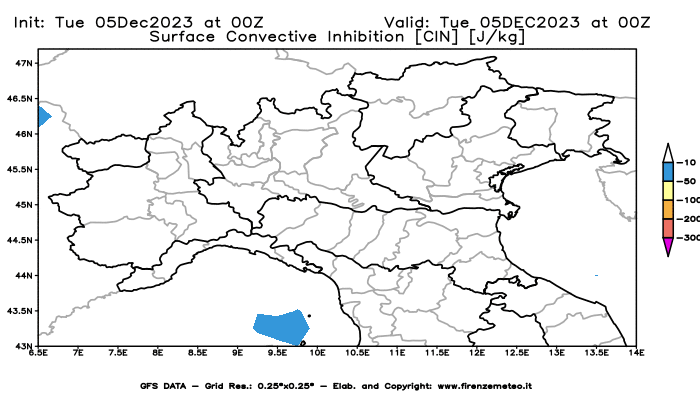 GFS analysi map - CIN in Northern Italy
									on December 5, 2023 H00