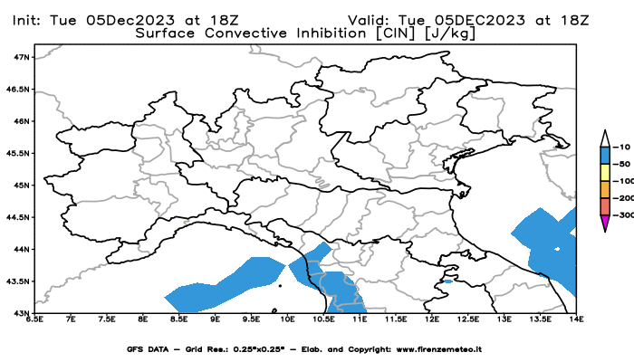 GFS analysi map - CIN in Northern Italy
									on December 5, 2023 H18