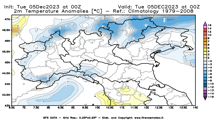 GFS analysi map - Temperature Anomalies at 2 m in Northern Italy
									on December 5, 2023 H00