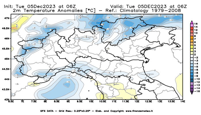GFS analysi map - Temperature Anomalies at 2 m in Northern Italy
									on December 5, 2023 H06