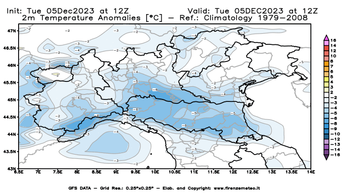 GFS analysi map - Temperature Anomalies at 2 m in Northern Italy
									on December 5, 2023 H12