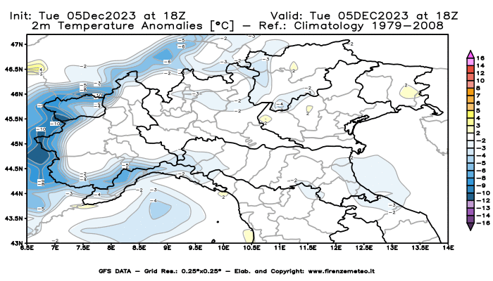 GFS analysi map - Temperature Anomalies at 2 m in Northern Italy
									on December 5, 2023 H18