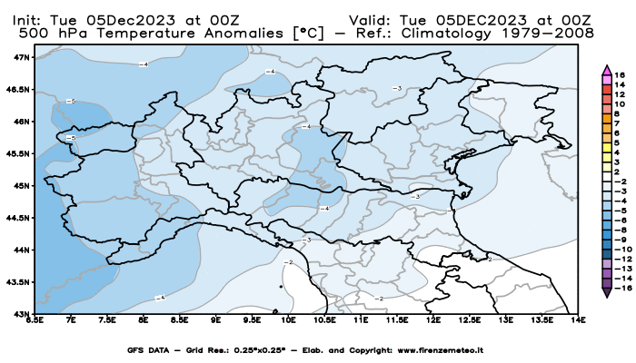 GFS analysi map - Temperature Anomalies at 500 hPa in Northern Italy
									on December 5, 2023 H00