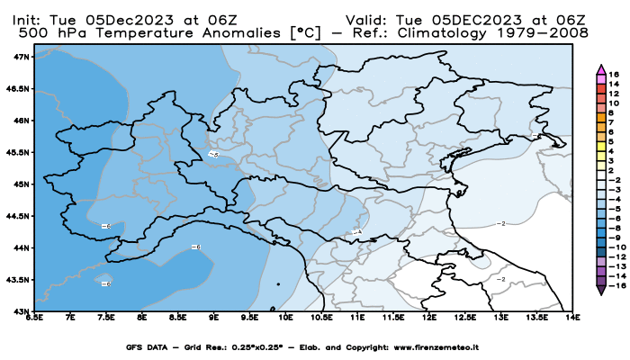 GFS analysi map - Temperature Anomalies at 500 hPa in Northern Italy
									on December 5, 2023 H06