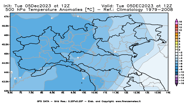 GFS analysi map - Temperature Anomalies at 500 hPa in Northern Italy
									on December 5, 2023 H12