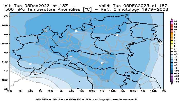 GFS analysi map - Temperature Anomalies at 500 hPa in Northern Italy
									on December 5, 2023 H18